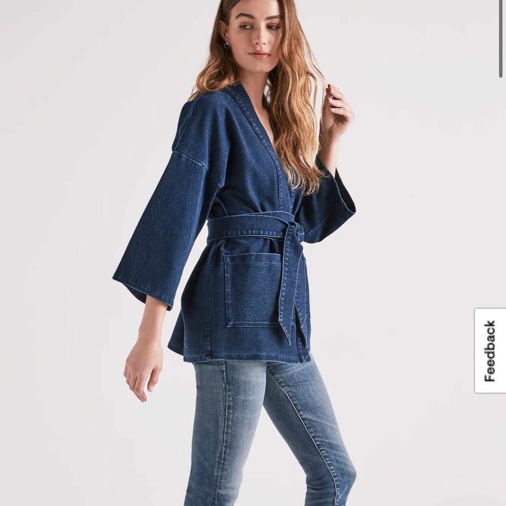 Lucky Brand Dark Knit Denim Kimono Wrap Jacket - Picture 2 of 8